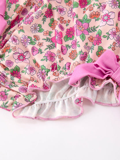 Pink Floral Bow Petals Collar Girls Romper