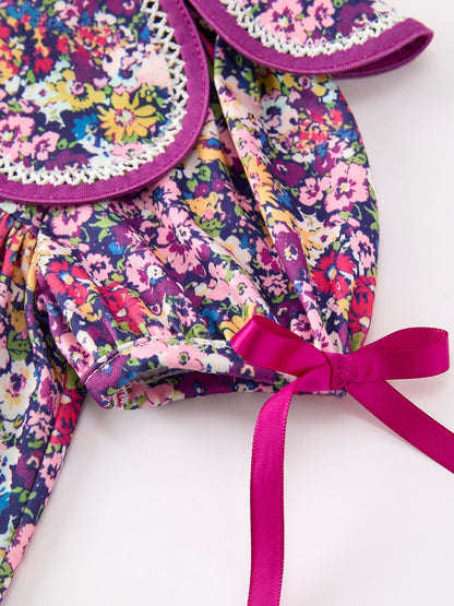 Purple Floral Bow Petals Collar Girls Dress