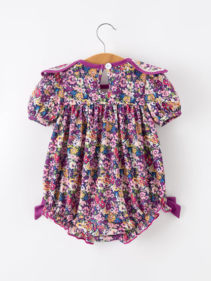 Purple Floral Bow Petals Collar Girls Romper