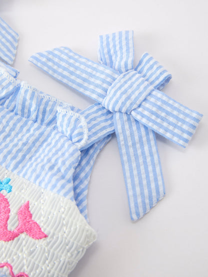 Whale Embroidered Smocked Seersucker Baby Girl Romper Bow