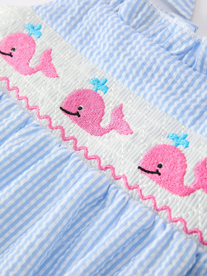 Whale Embroidered Smocked Seersucker Baby Girl Romper Bow