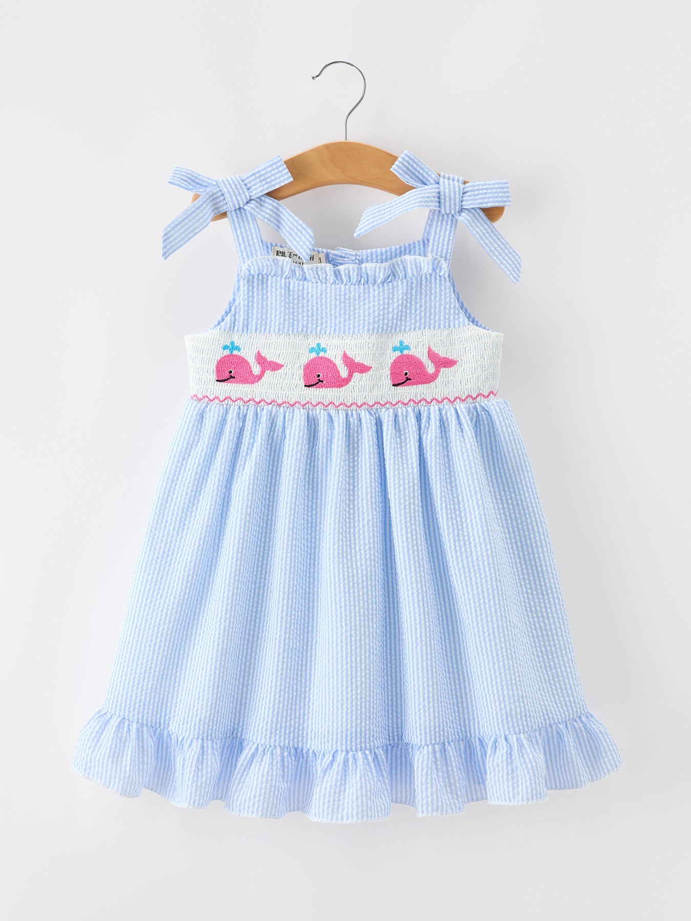 Whale Embroidered Smocked Seersucker Girls Dress Bow