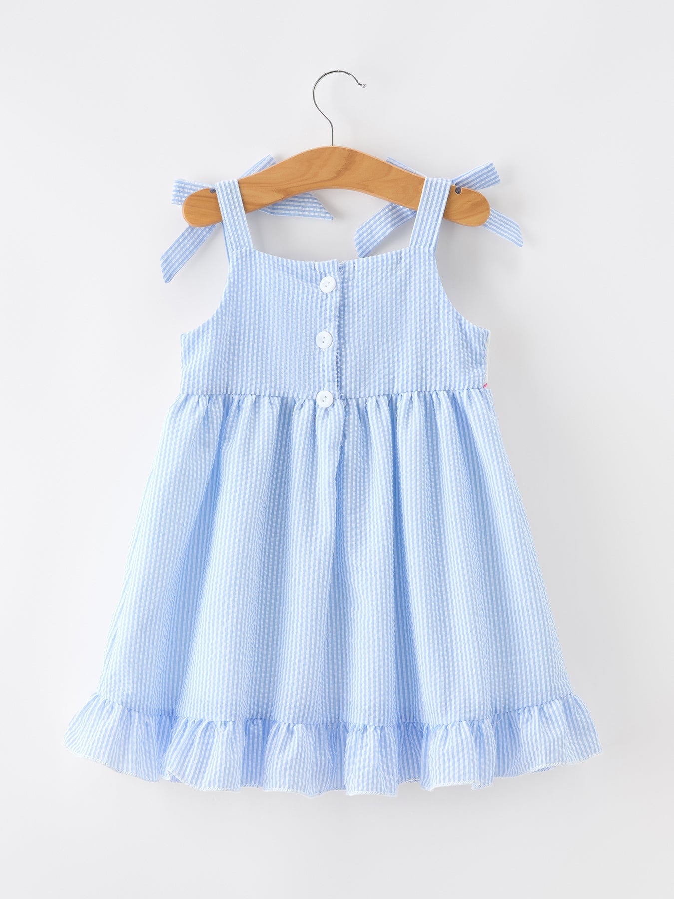 Whale Embroidered Smocked Seersucker Girls Dress Bow