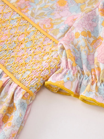 Yellow Bow Smocked Floral Girl Dress
