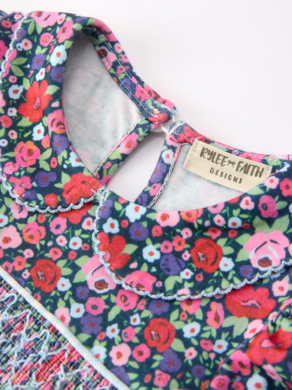 Blue Bow Floral Smocked Girl Bloomer Set