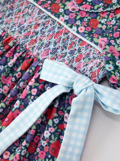 Blue Bow Floral Smocked Girl Bloomer Set