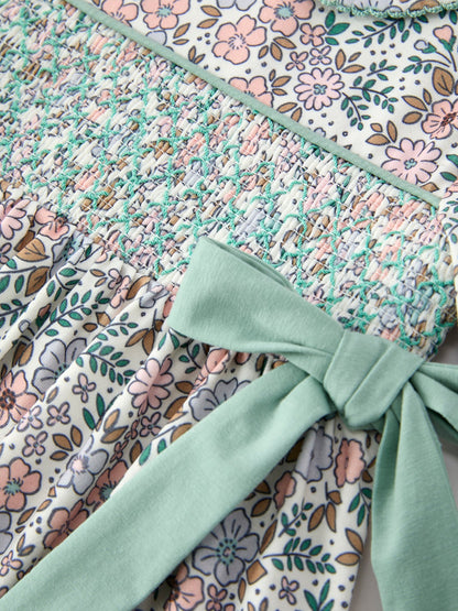 Sage Green Bow Floral Smocked Girl Dress
