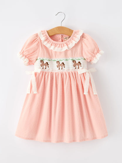Western Horse Embroidery Girls Dress Lace Petals Collar Puff Sleeve