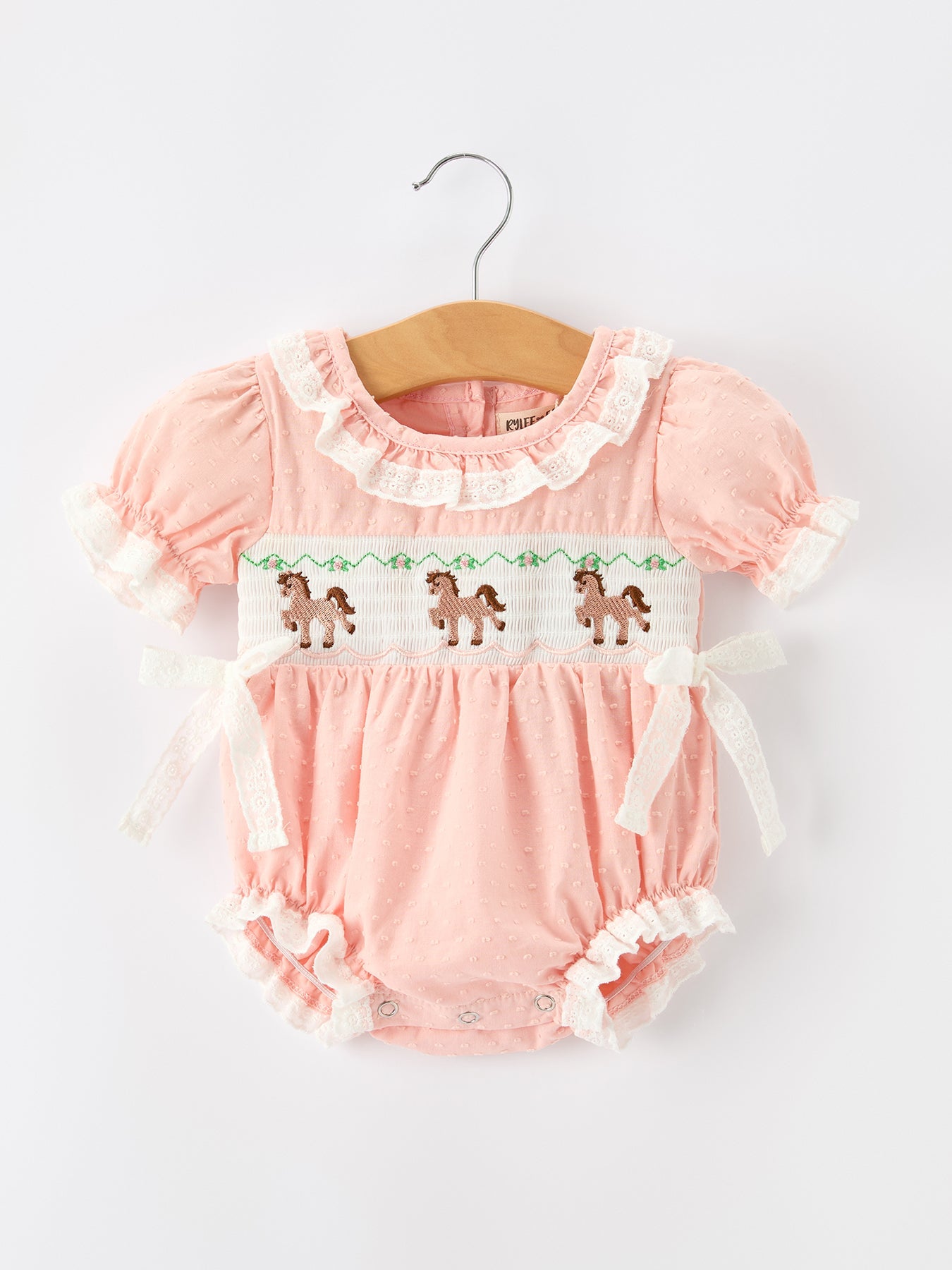 Western Horse Embroidery Girls Romper Lace Petals Collar Puff Sleeve