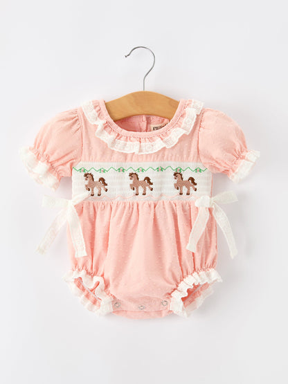 Western Horse Embroidery Girls Romper Lace Petals Collar Puff Sleeve