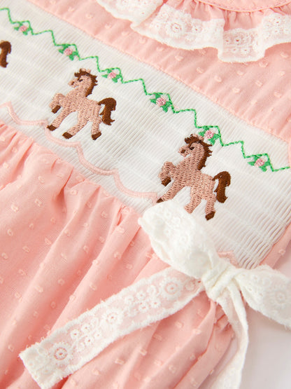 Western Horse Embroidery Girls Romper Lace Petals Collar Puff Sleeve