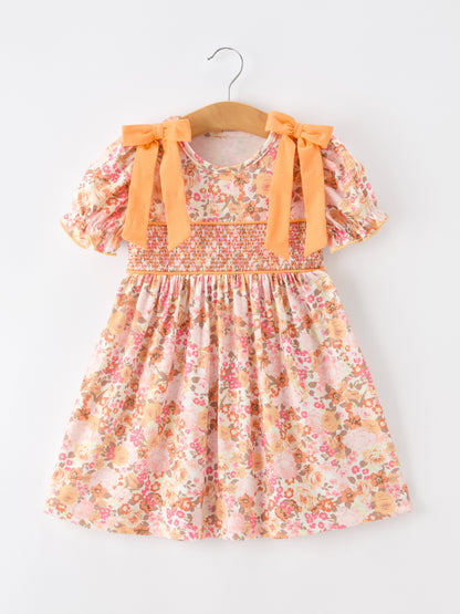 Peach Bow Smocked Floral Girl Dress