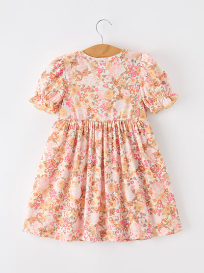 Peach Bow Smocked Floral Girl Dress