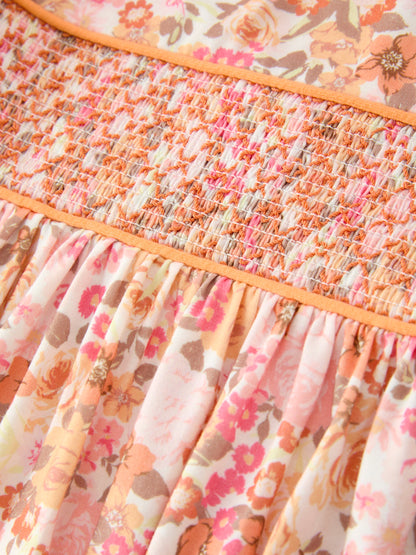 Peach Bow Smocked Floral Girl Dress