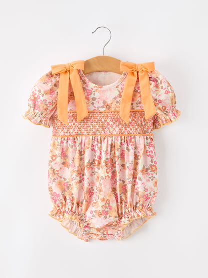 Peach Bow Smocked Floral Baby Bubble