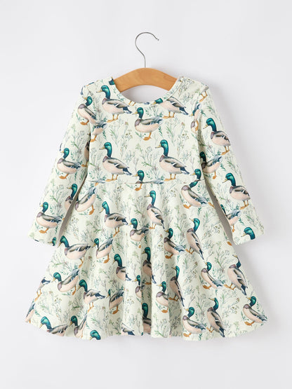 Girls Duck Print Dress Long Sleeve Twirl Dress
