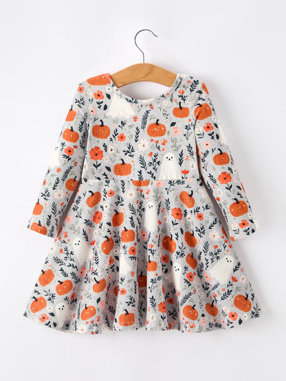 PREORDER Halloween Pumpkin Ghost Girls Dress Long Sleeve Twirl Dress