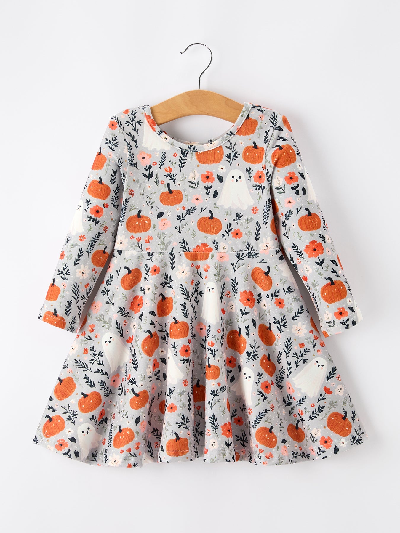 PREORDER Halloween Pumpkin Ghost Girls Dress Long Sleeve Twirl Dress