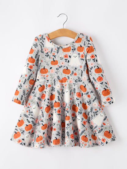 PREORDER Halloween Pumpkin Ghost Girls Dress Long Sleeve Twirl Dress