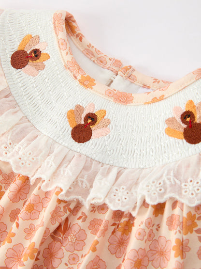 Thanksgiving Turkey Floral Lace Bubble Girls Romper