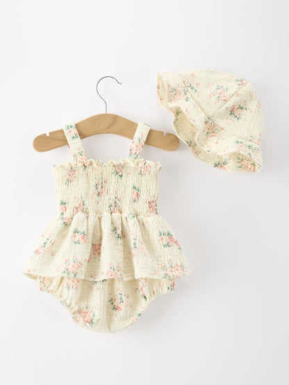 Muslin Summer Floral Print Smocked Baby Girl Romper Set Hat