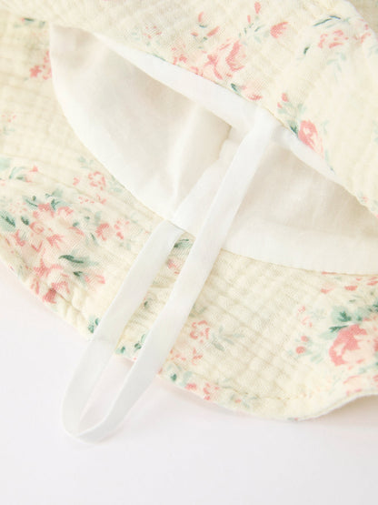 Muslin Summer Floral Print Smocked Baby Girl Romper Set Hat