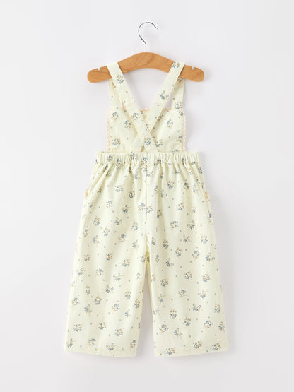 Girls Floral Print Lace Trim Wide Leg Jumpsuit