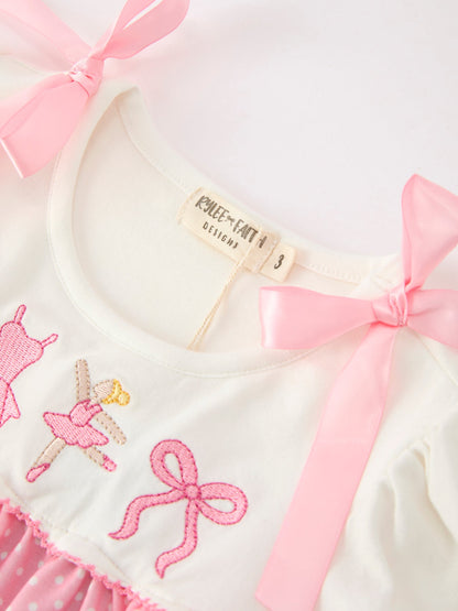Pink Ballet Embroidery Bow Polka Dot Dress
