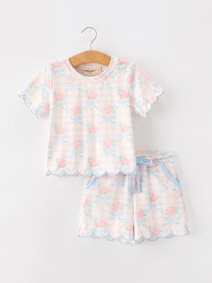 Bow Floral Girl Short Set Scallop Hem