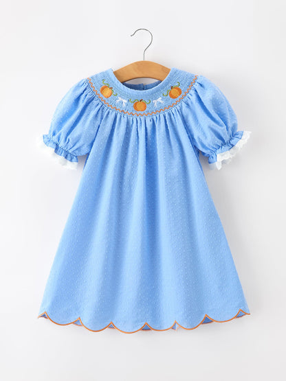 Blue Fall Thanksgiving&Halloween Pumpkin Smock Embroidery Lace Baby Girl Dress