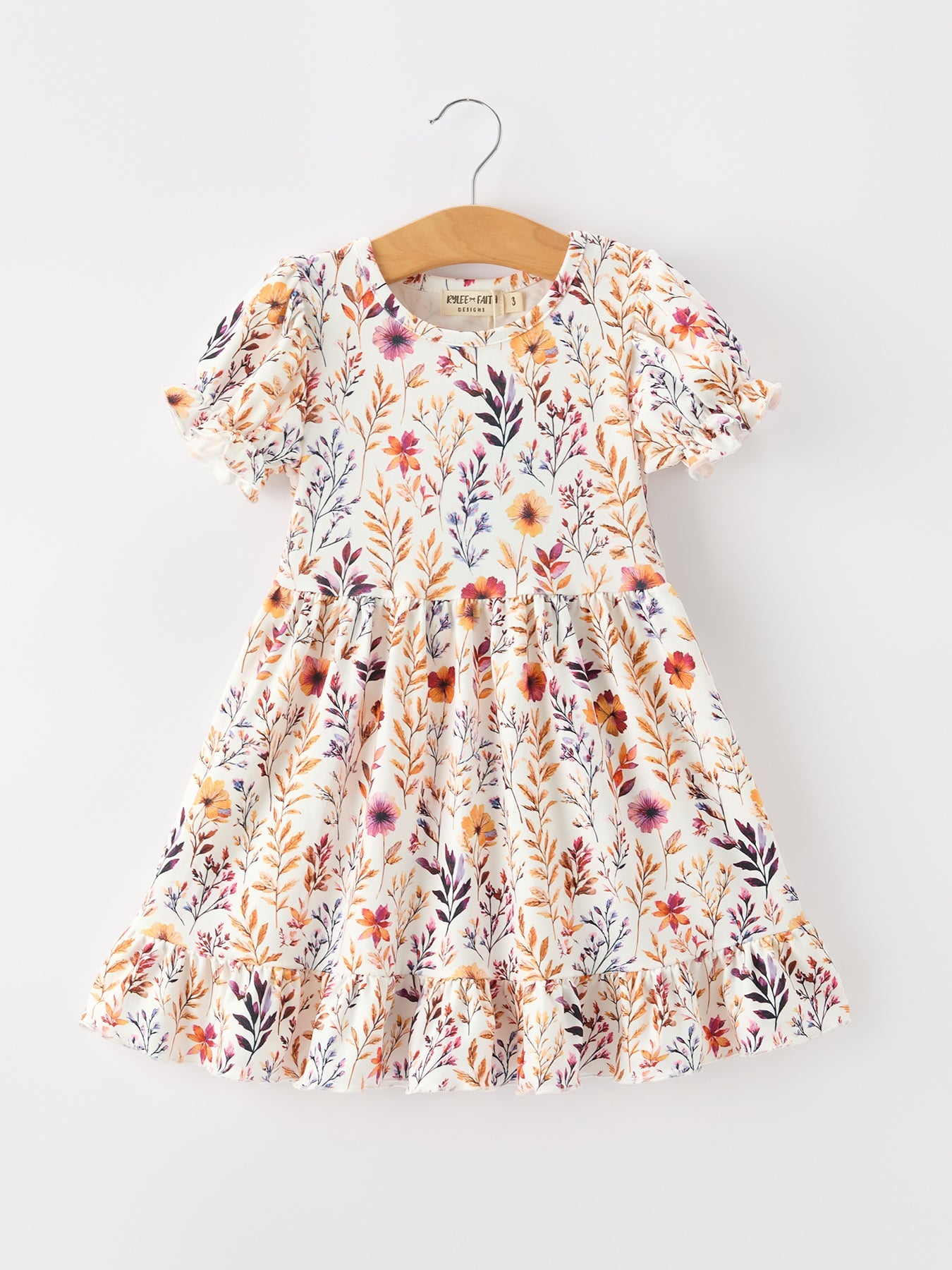 Fall Floral Puff Sleeve Ruffle Girls Dress