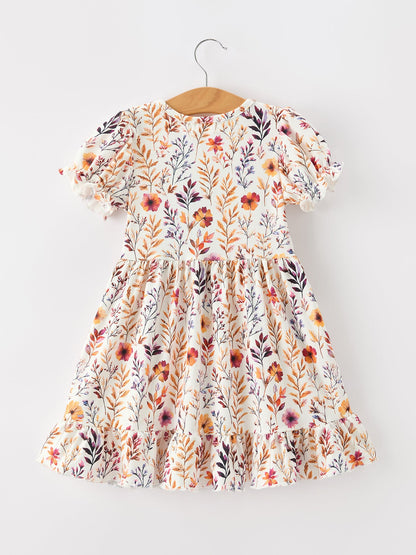 Fall Floral Puff Sleeve Ruffle Girls Dress