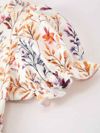 Fall Floral Puff Sleeve Ruffle Girls Dress