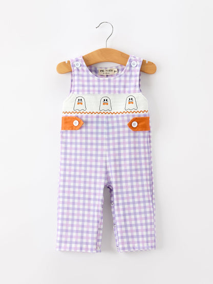 Halloween Ghost Plaid Smocked Baby Boy Romper