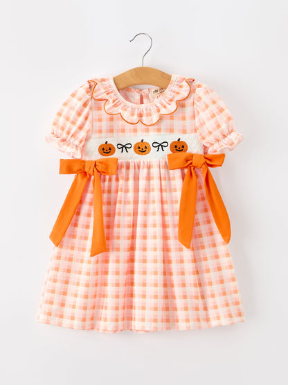 Halloween Pumpkin Plaid Bow Girls Dress