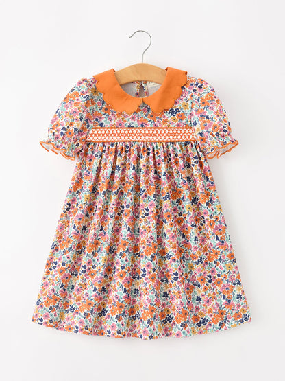 Fall Floral Smocked Petals Collar Girls Dress