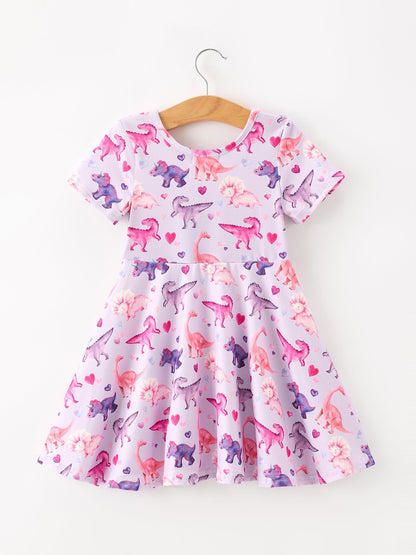 PREORDER Dinosaur Heart Twirl Girls Dress Short Sleeves