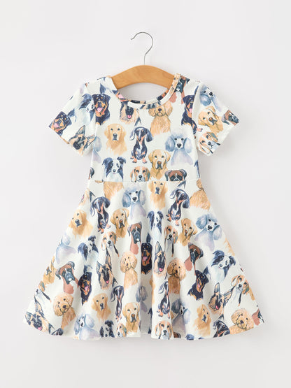 Dog Print Girls Short Sleeve Twirl Dress