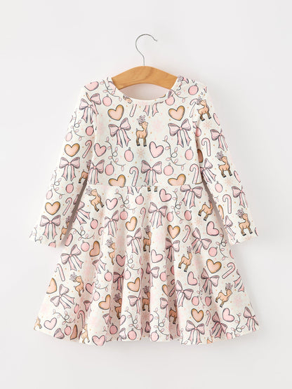 Pink Bow Reindeer Candy Cane Girls Twirl Dress