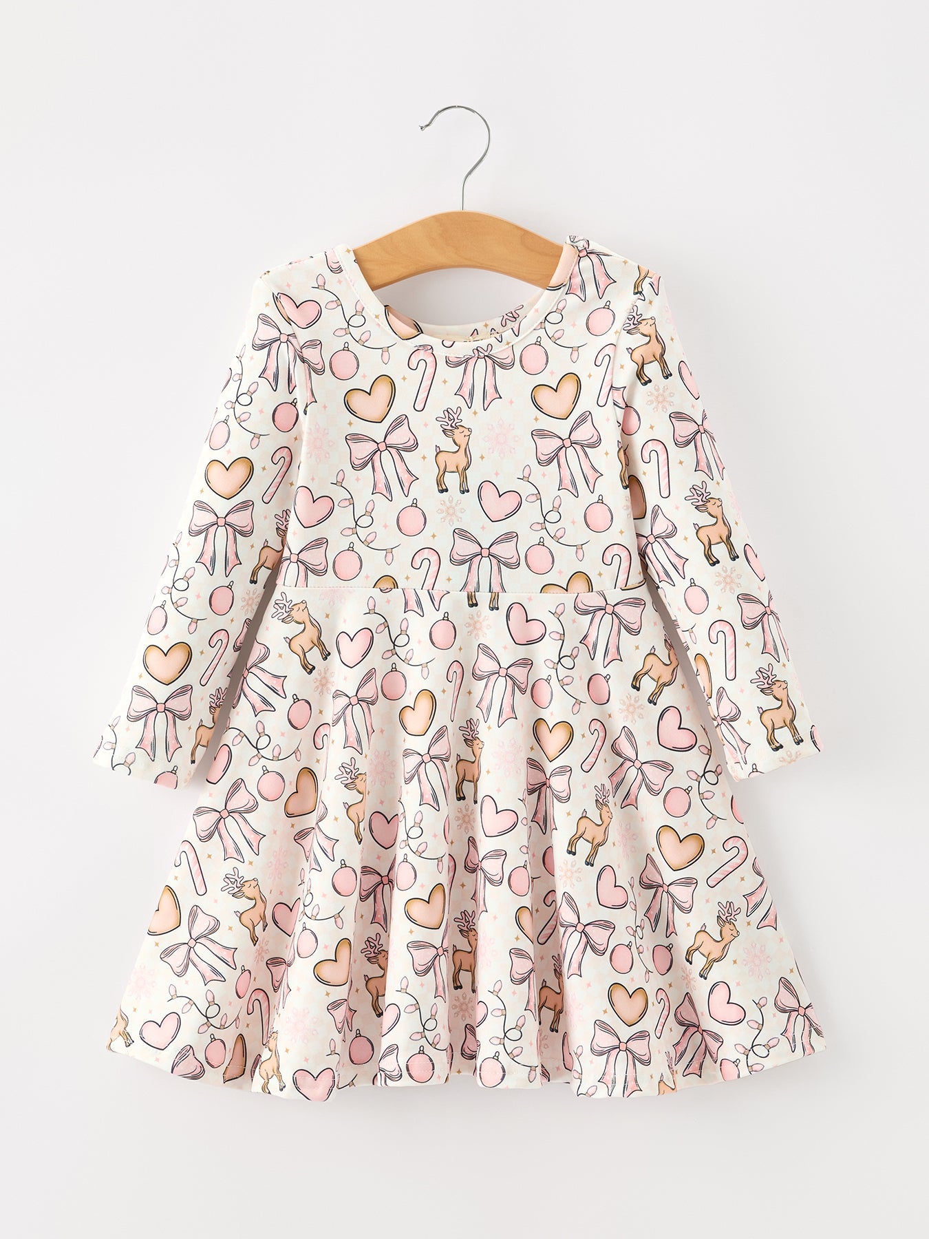 Pink Bow Reindeer Candy Cane Girls Twirl Dress
