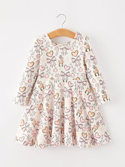 Pink Bow Reindeer Candy Cane Girls Twirl Dress