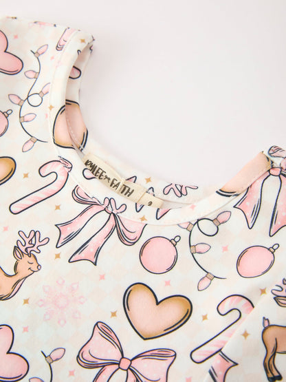 Pink Bow Reindeer Candy Cane Girls Twirl Dress