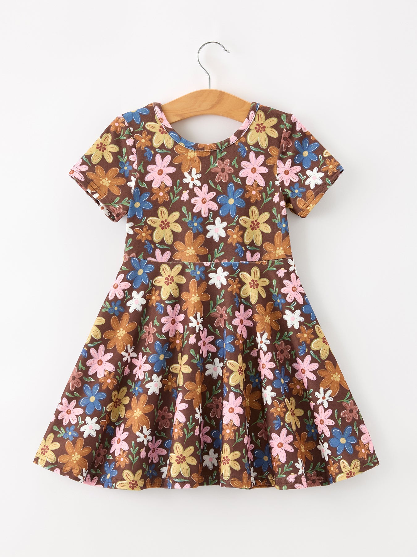 PROERDER Fall Floral Twirl Girls Dress Short Sleeve