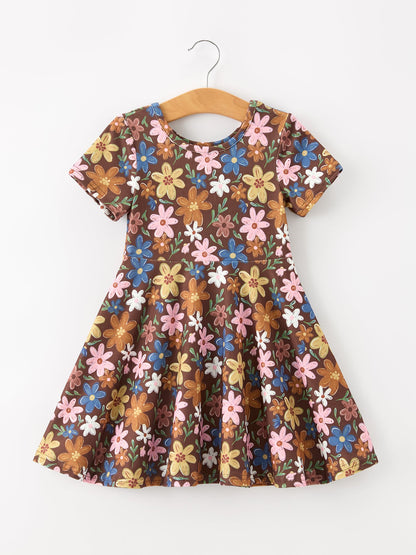 PROERDER Fall Floral Twirl Girls Dress Short Sleeve