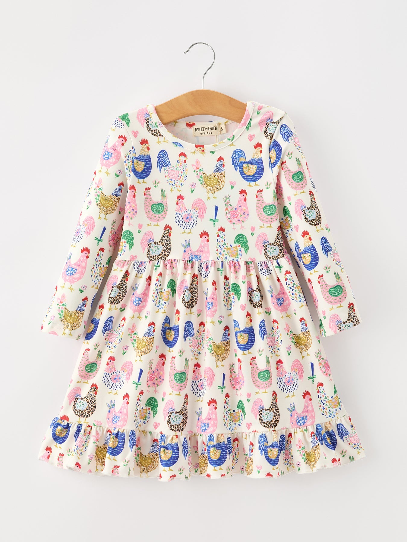 Fall Farm Chicken Print Girls Ruffle Hem Twirl Dress