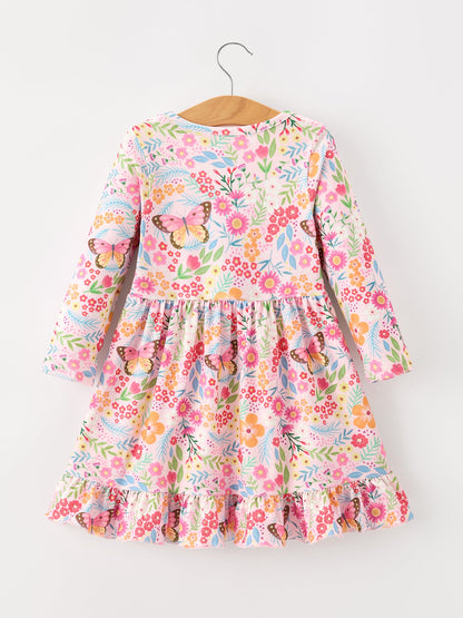 PREORDER Fall Butterfly Floral Print Girls Ruffle Hem Twirl Dress