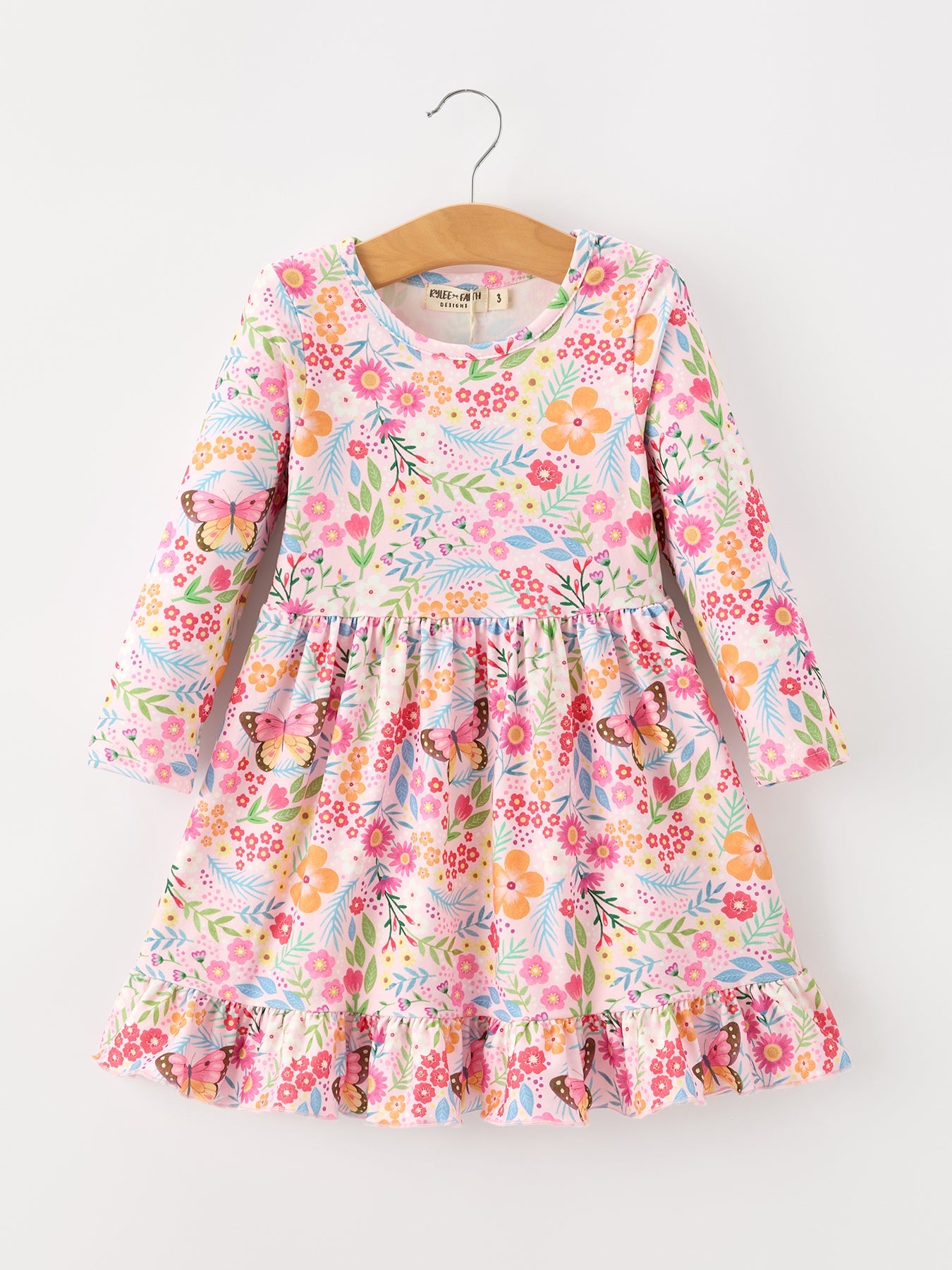 PREORDER Fall Butterfly Floral Print Girls Ruffle Hem Twirl Dress