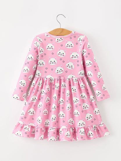 Fall Cat Print Girls Ruffle Hem Twirl Dress
