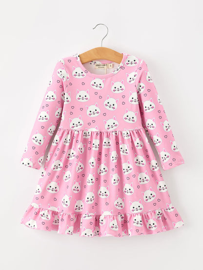Fall Cat Print Girls Ruffle Hem Twirl Dress