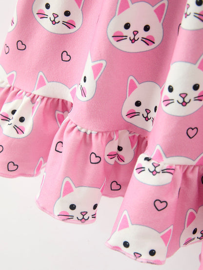 Fall Cat Print Girls Ruffle Hem Twirl Dress